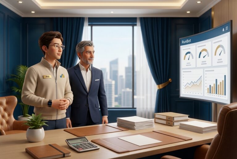 Iris, agent RunBot, et un directeur financier devant le tableau de bord RunBot