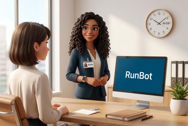 Nova, agent RunBot, accueille une nouvelle collaboratrice dans un cabinet