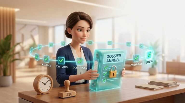 Experte-comptable refermant le dossier annuel, toutes les étapes de clôture validées