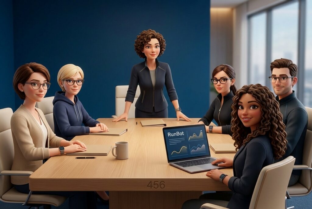 L'équipe d'agents IA RunBot — Iris, Max, Atlas, Eva, Neo et Nova — réunie autour d'une table de travail