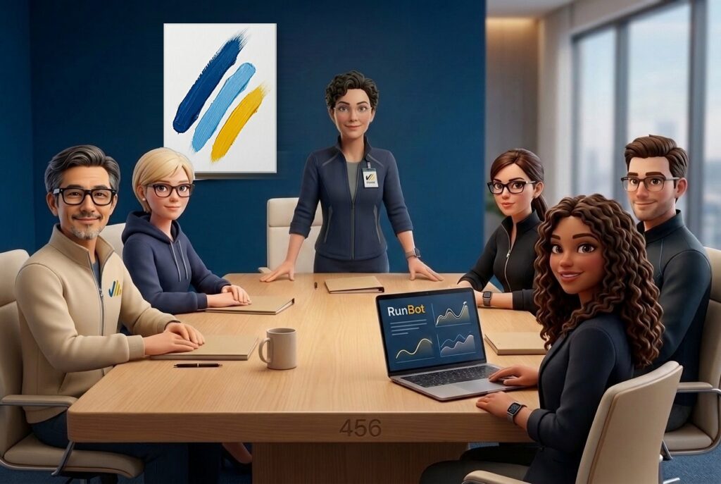 L'équipe d'agents IA RunBot réunie autour d'une table de travail