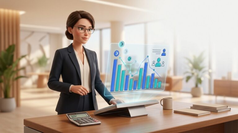 Experte-comptable devant un dashboard holographique des grilles de salaires 2026 — palette bleu #2B5CE6 et teal #18B8C4 — style Pixar.