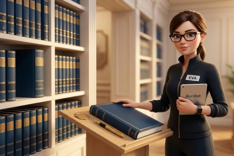 Eva, agent RunBot en charge de la conformité, prépare des formalités juridiques